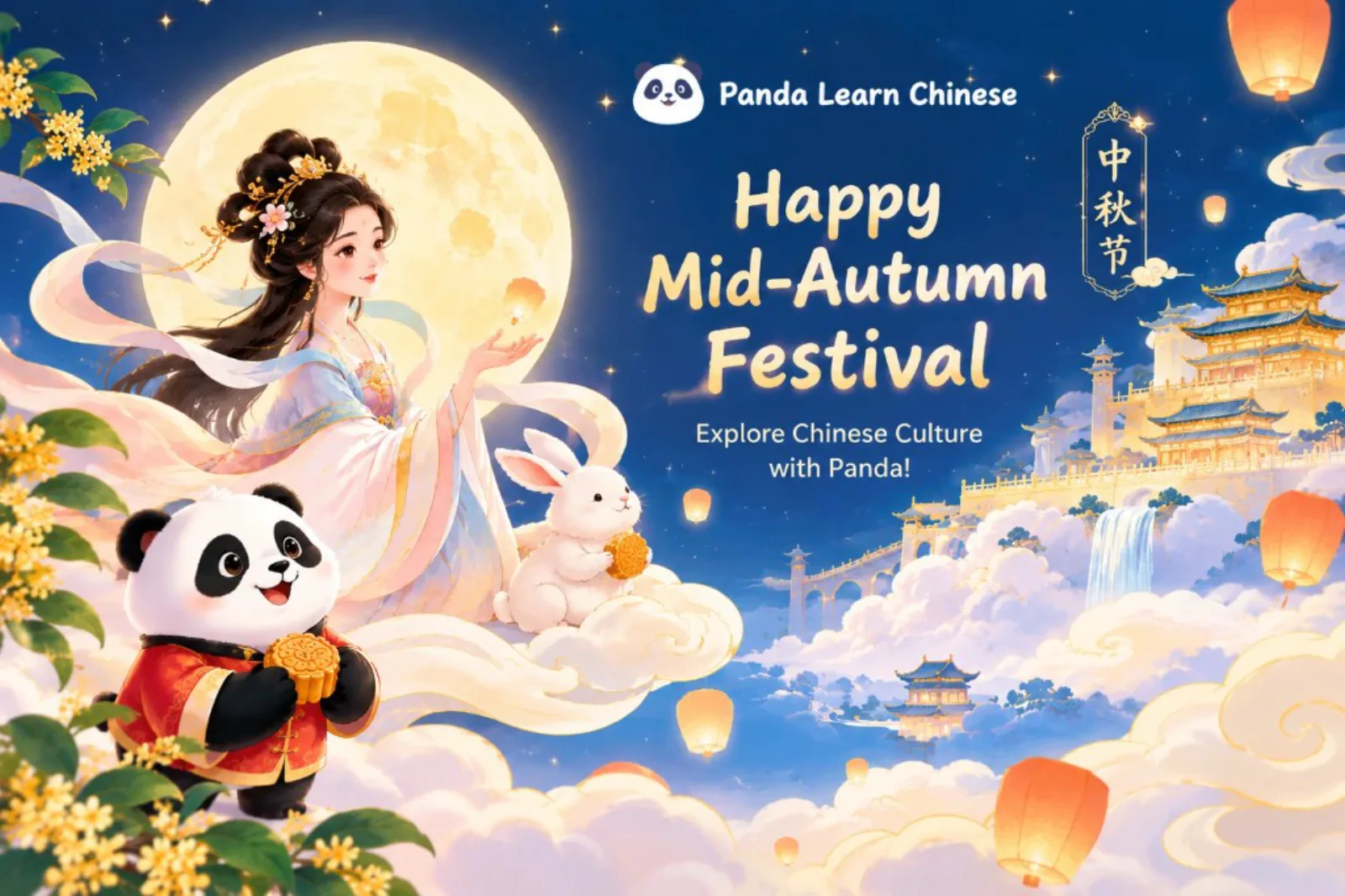 Happy Mid-Autumn Festival — Chang'e, Jade Rabbit, and panda celebrating with mooncakes and lanterns