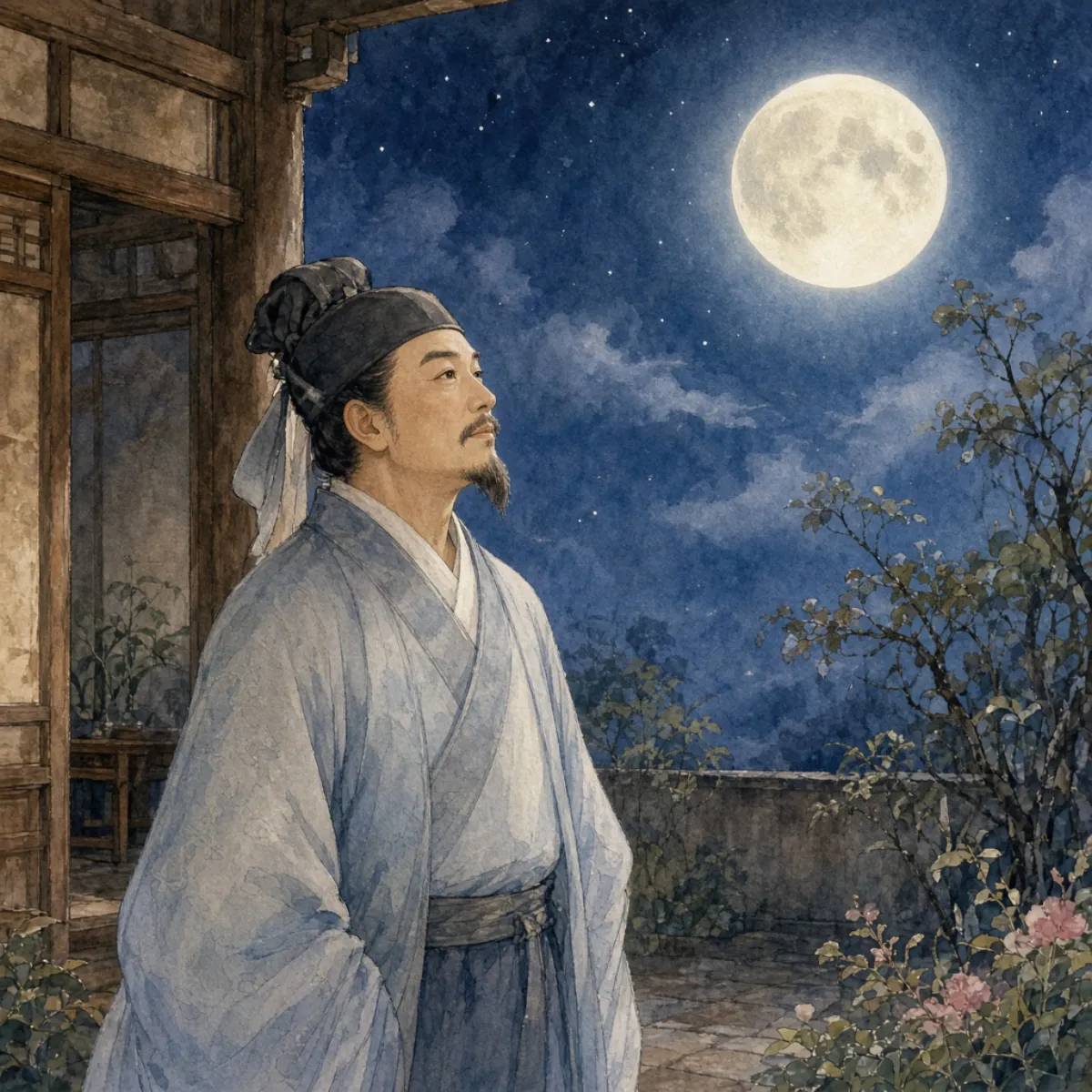 Poet Li Bai looking at the bright moon · 诗人李白举头望明月