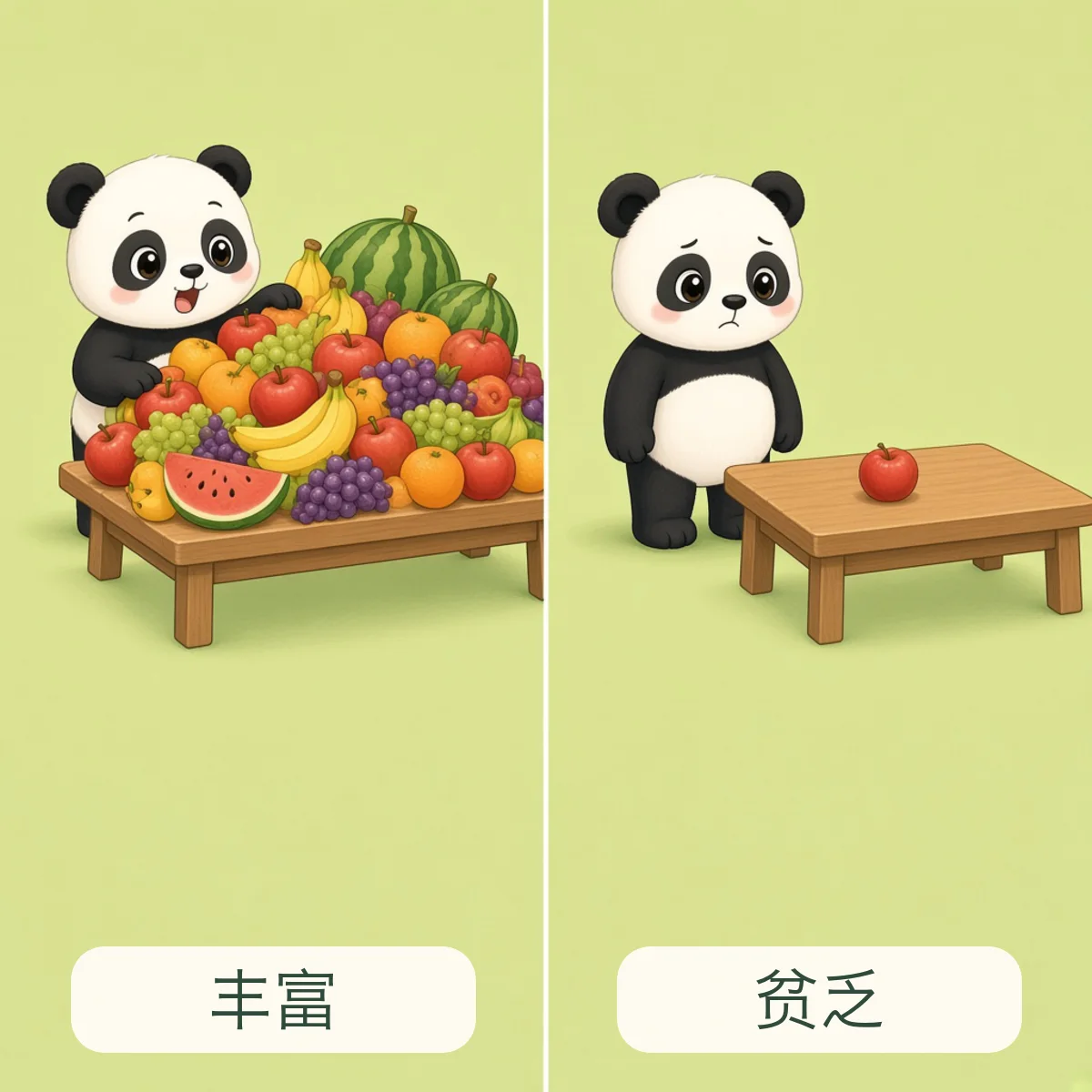 丰富与贫乏反义词图解 - Abundant and Scarce Chinese Antonym illustration
