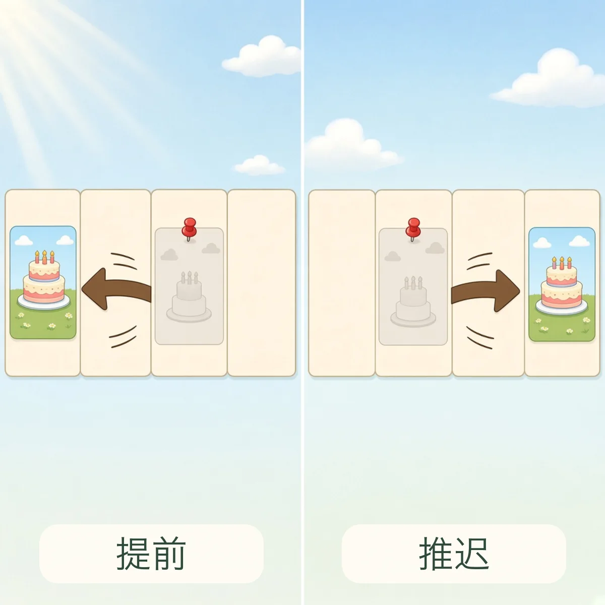 提前 ahead of time，推迟 postpone
