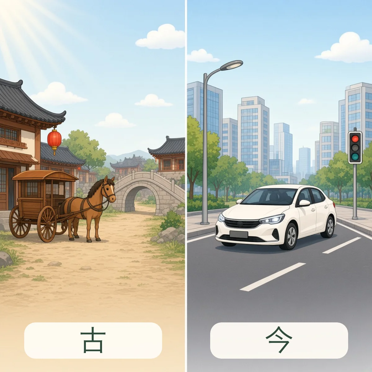 古与今反义词图解 - Ancient and Present Chinese Antonym illustration