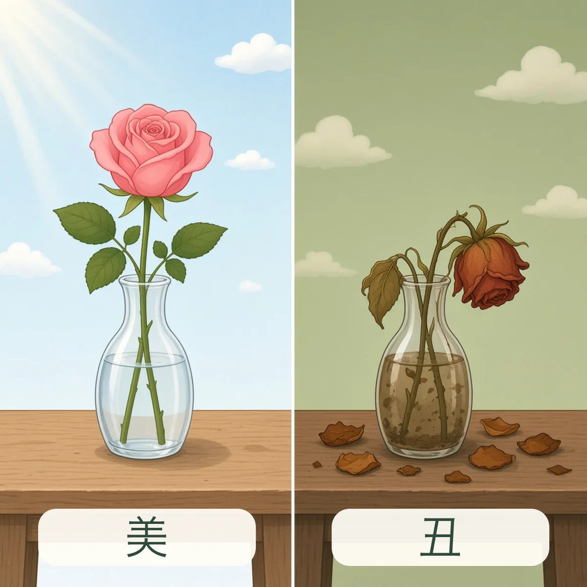 美 beautiful，丑 ugly