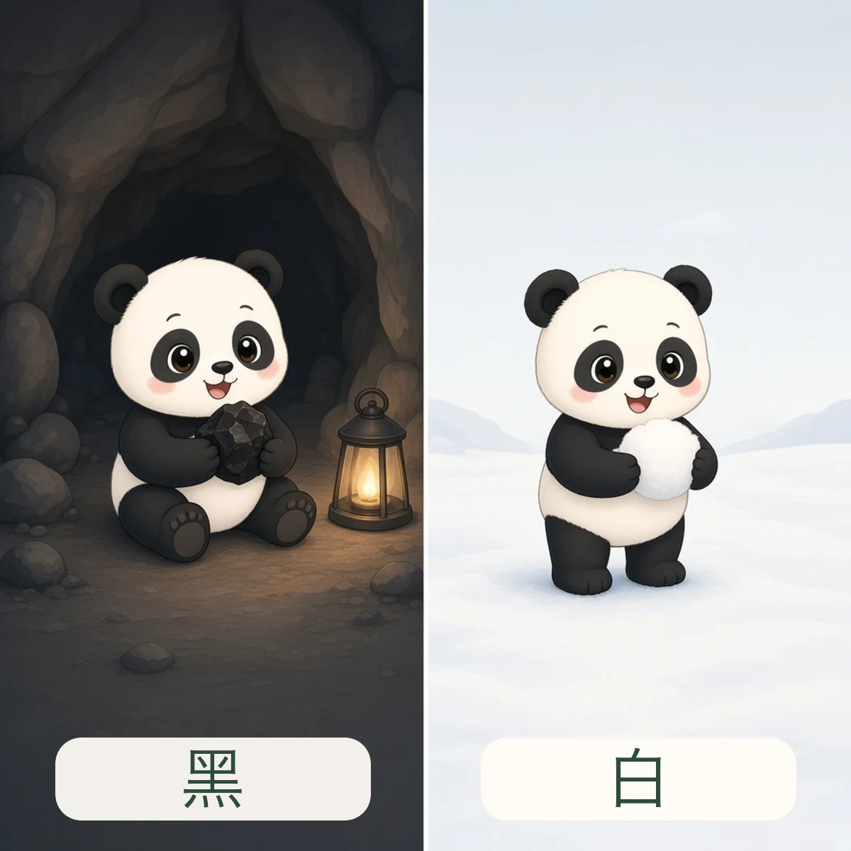 黑与白反义词图解 - Black and White Chinese Antonym illustration