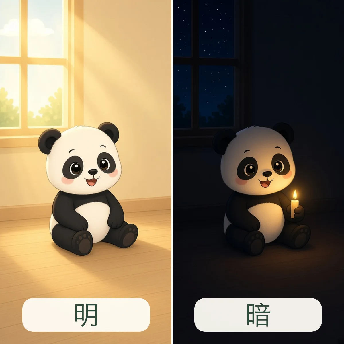 明与暗反义词图解 - Bright and Dark Chinese Antonym illustration