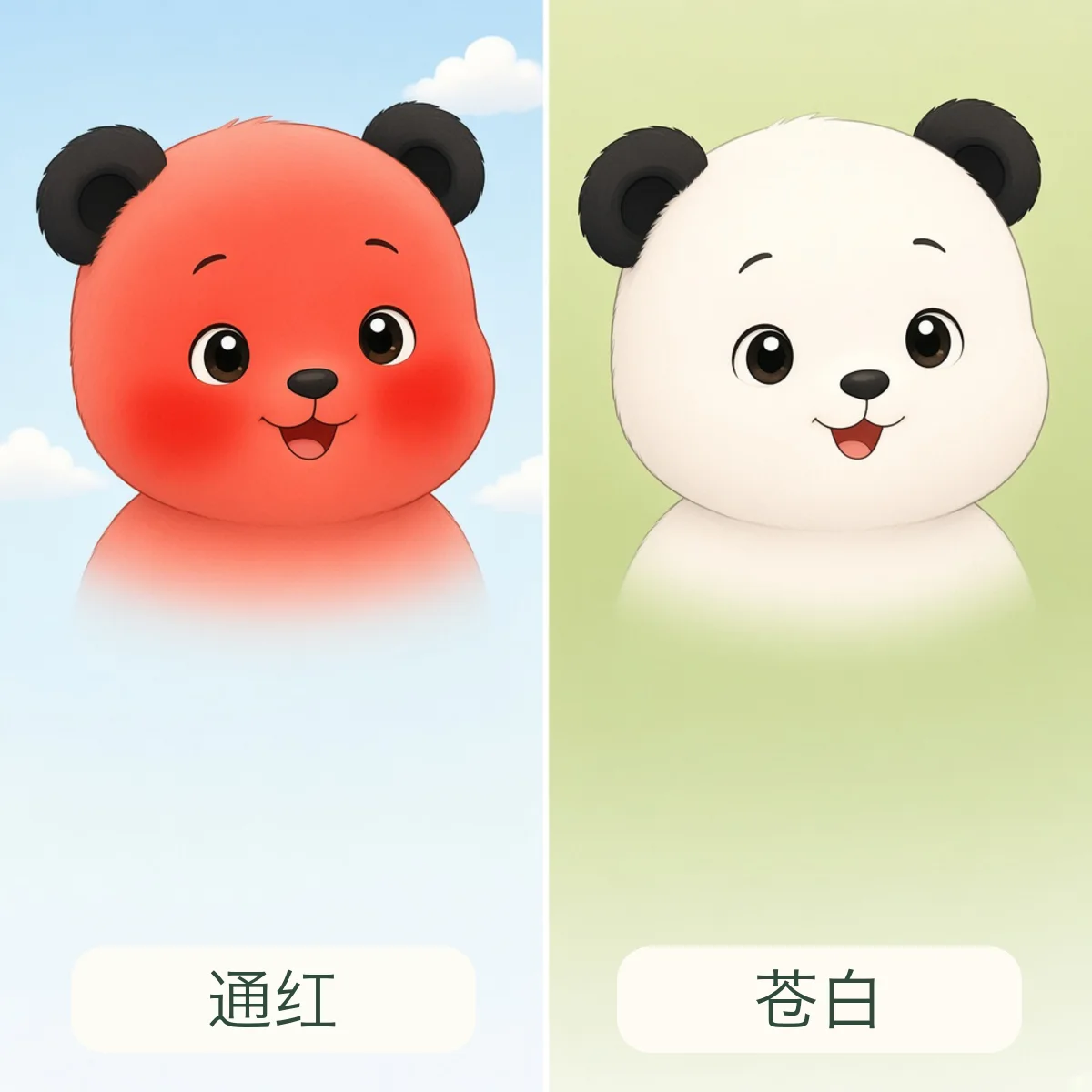 通红与苍白反义词图解 - Bright Red and Pale Chinese Antonym illustration