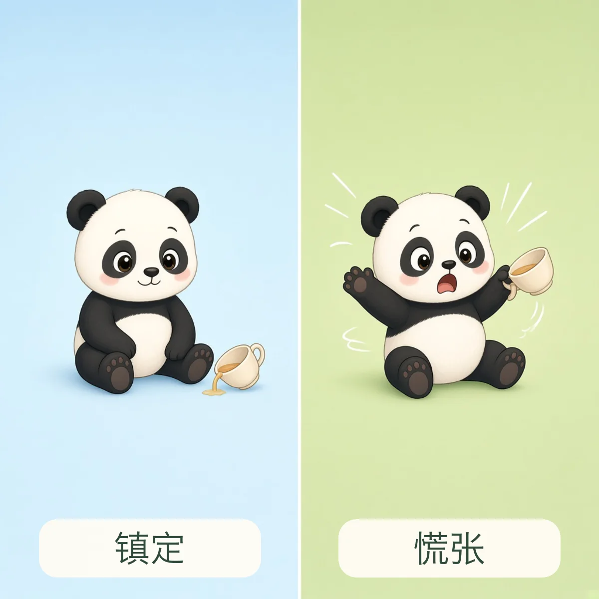 镇定 calm，慌张 panicked