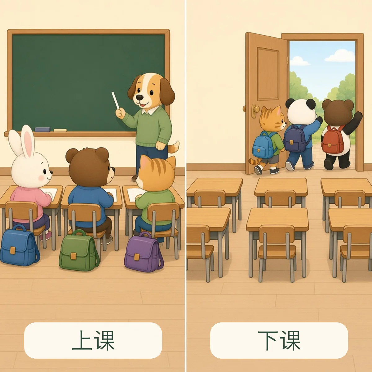 上课 class begins，下课 class ends