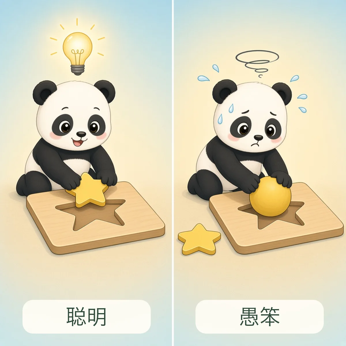 聪明与愚笨反义词图解 - Clever and Stupid Chinese Antonym illustration