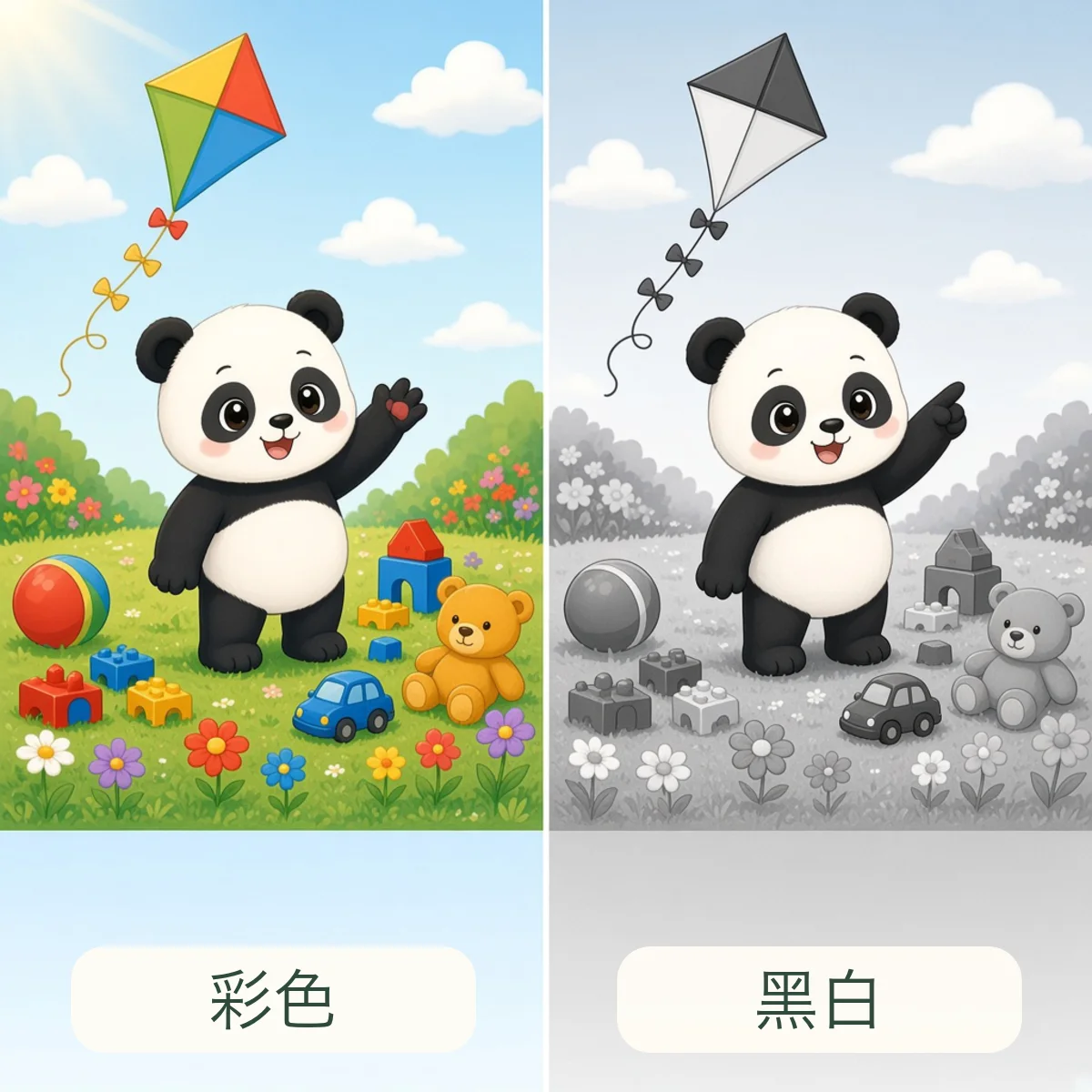 彩色与黑白反义词图解 - Colorful and Black-and-white Chinese Antonym illustration