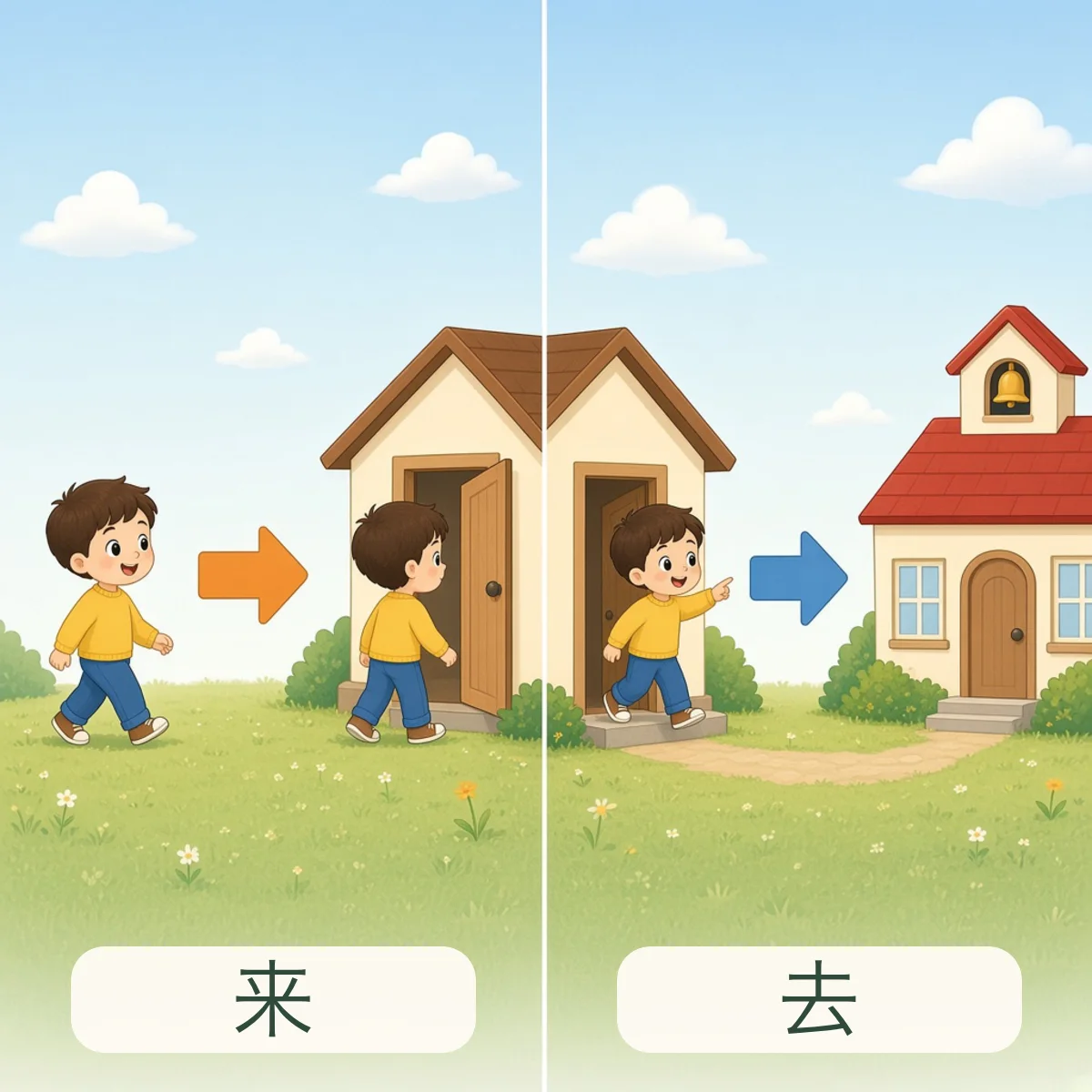 来与去反义词图解 - Come and Go Chinese Antonym illustration