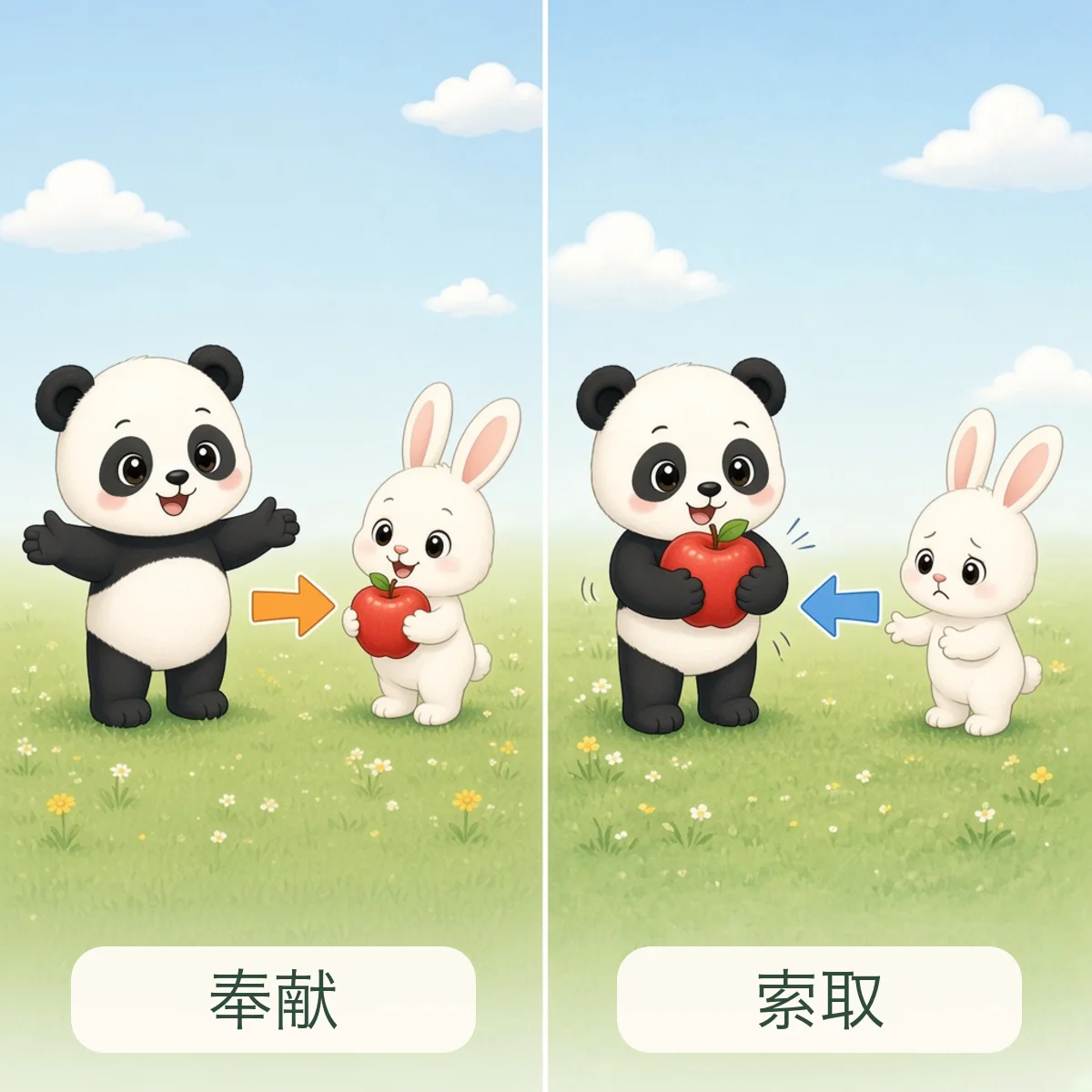 奉献与索取反义词图解 - Dedicate and Demand Chinese Antonym illustration