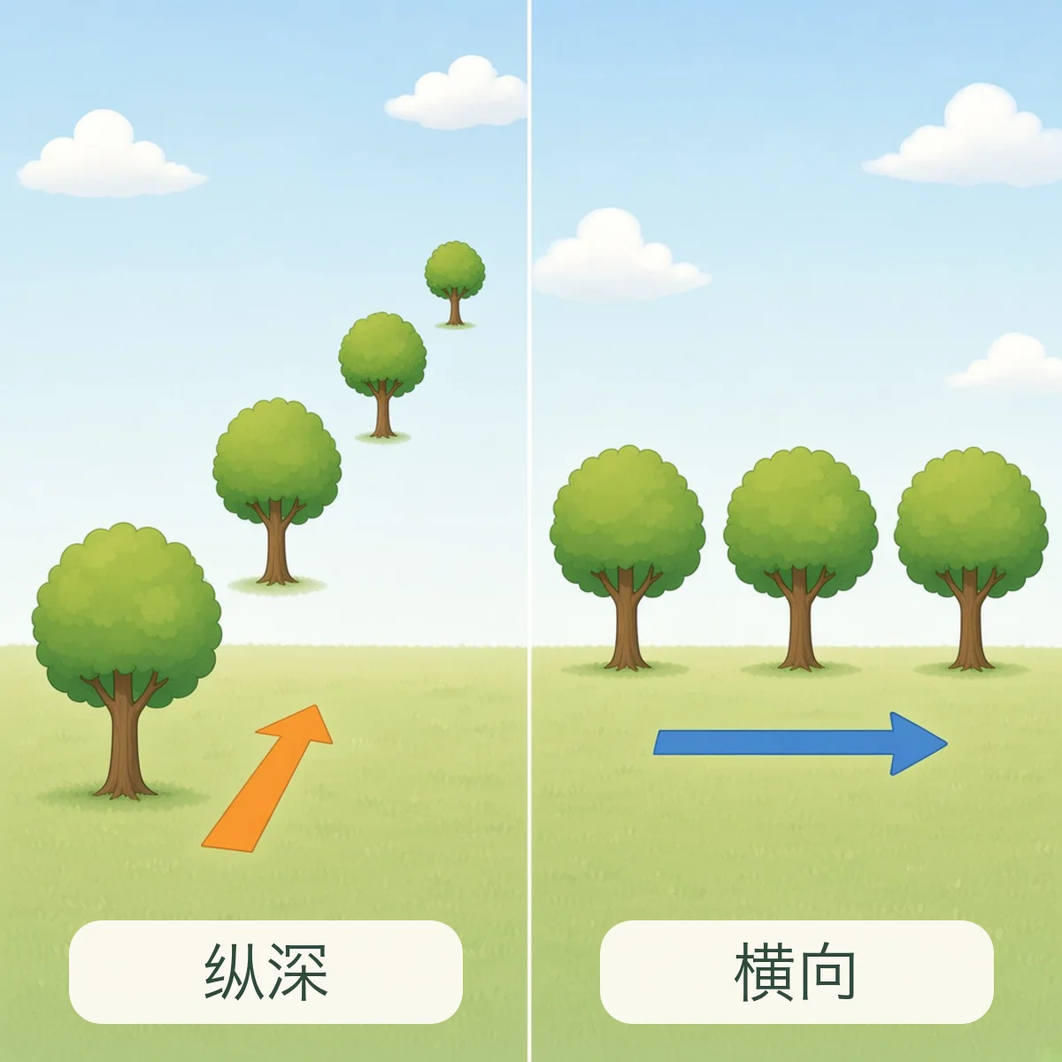 纵深 depth，横向 breadth