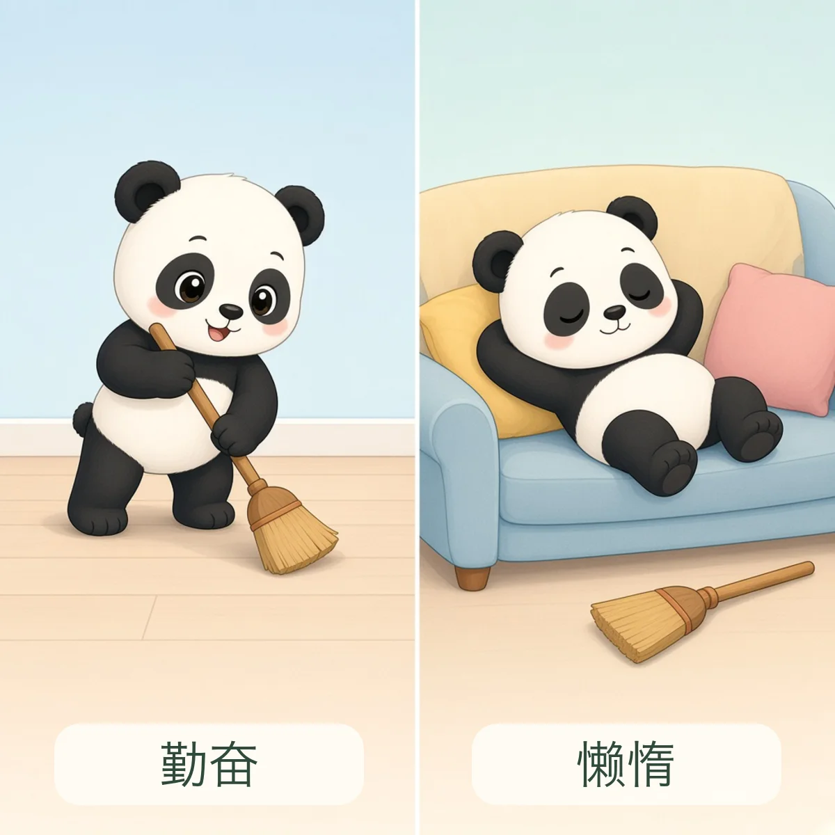 勤奋 diligent，懒惰 lazy