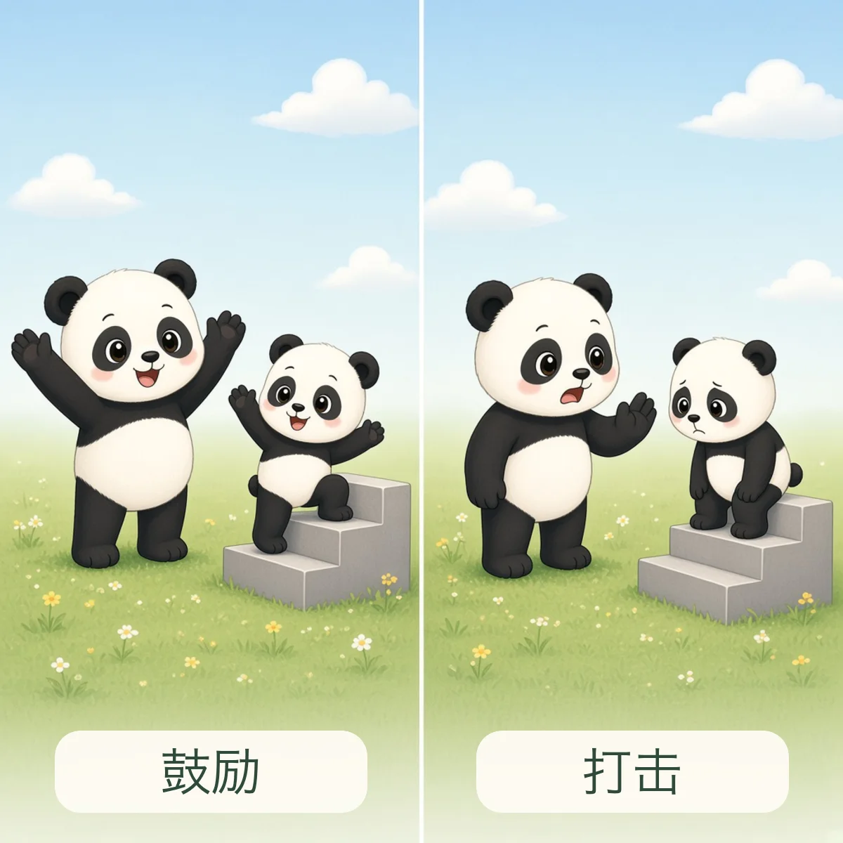 鼓励与打击反义词图解 - Encourage and Discourage Chinese Antonym illustration