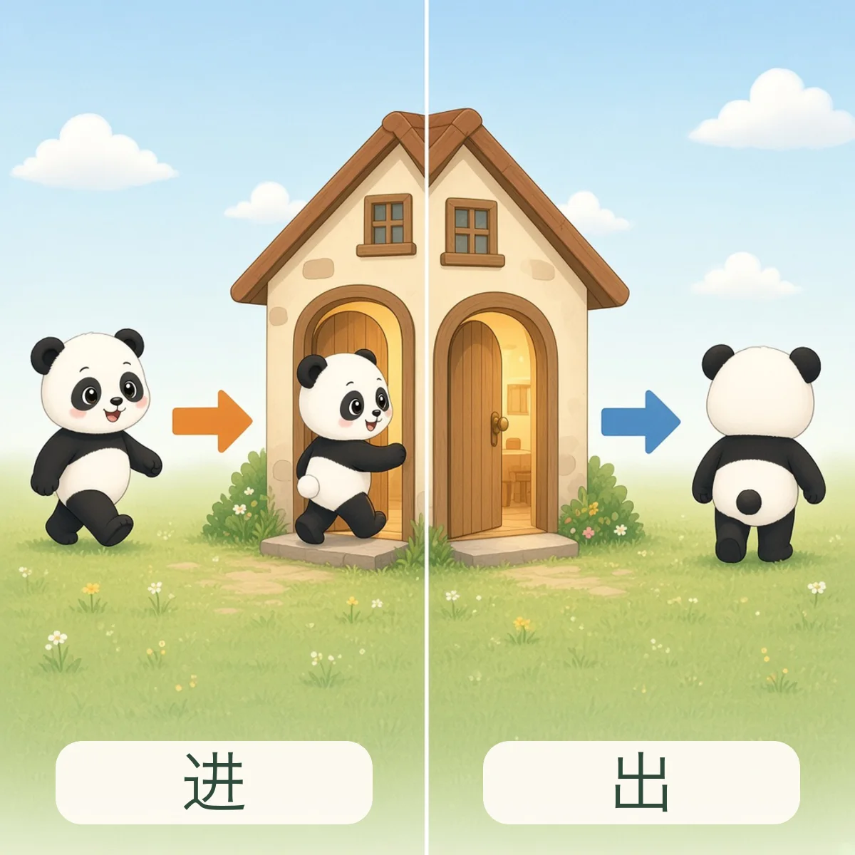 进与出反义词图解 - Enter and Exit Chinese Antonym illustration