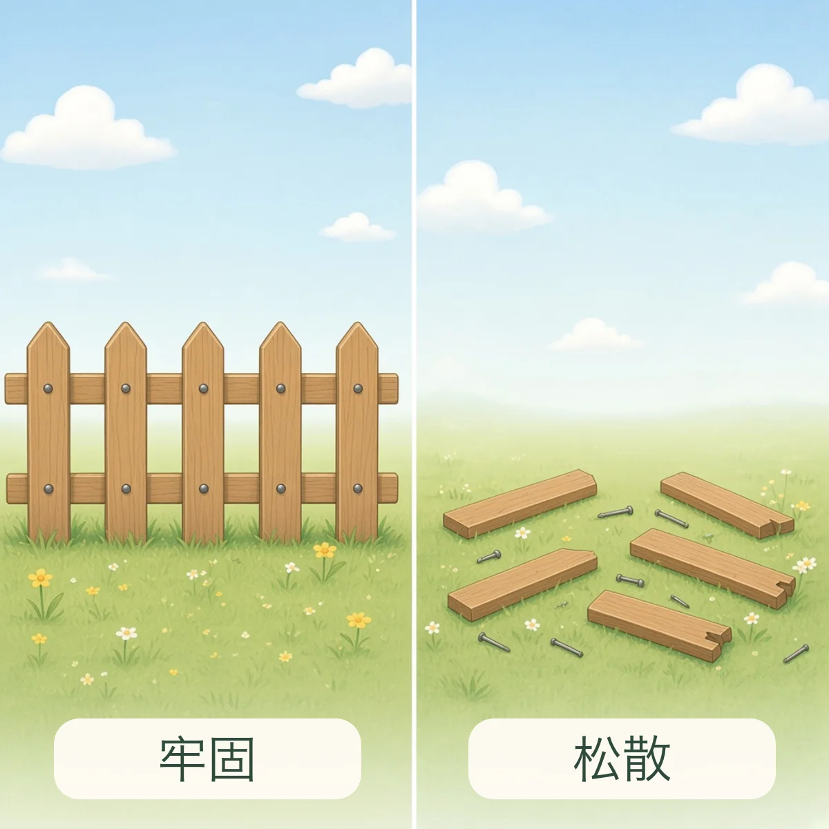 牢固 firm，松散 loose