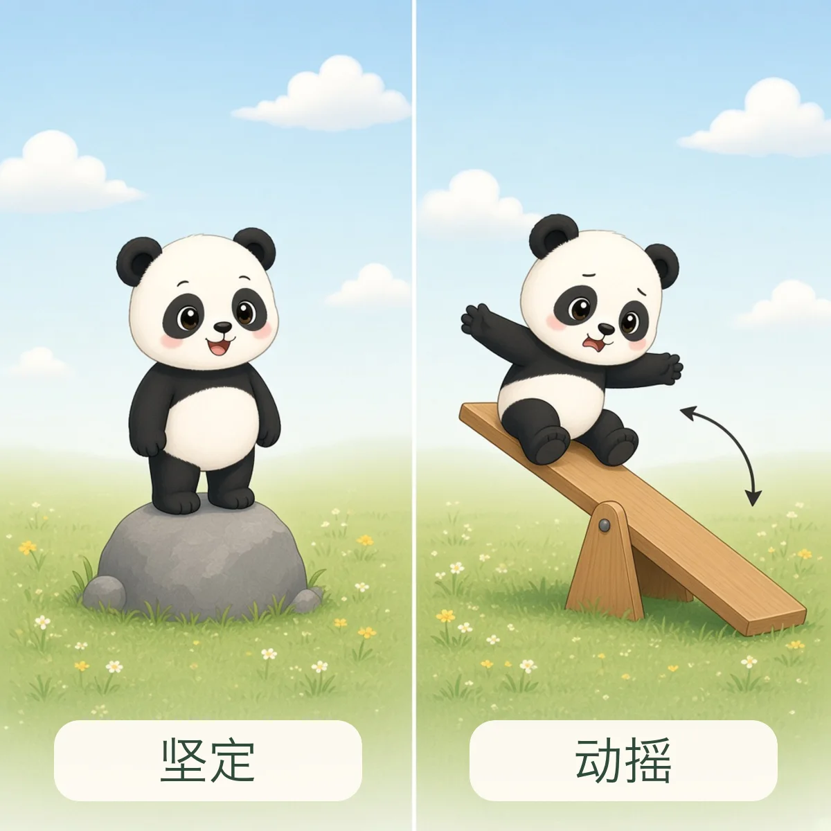 坚定与动摇反义词图解 - Firm and Wavering Chinese Antonym illustration