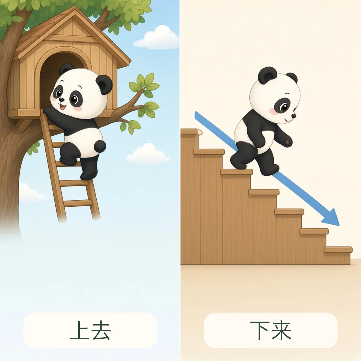 上去 go up，下来 come down