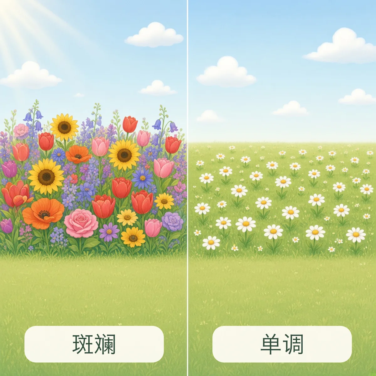 斑斓 gorgeous colors，单调 monotonous