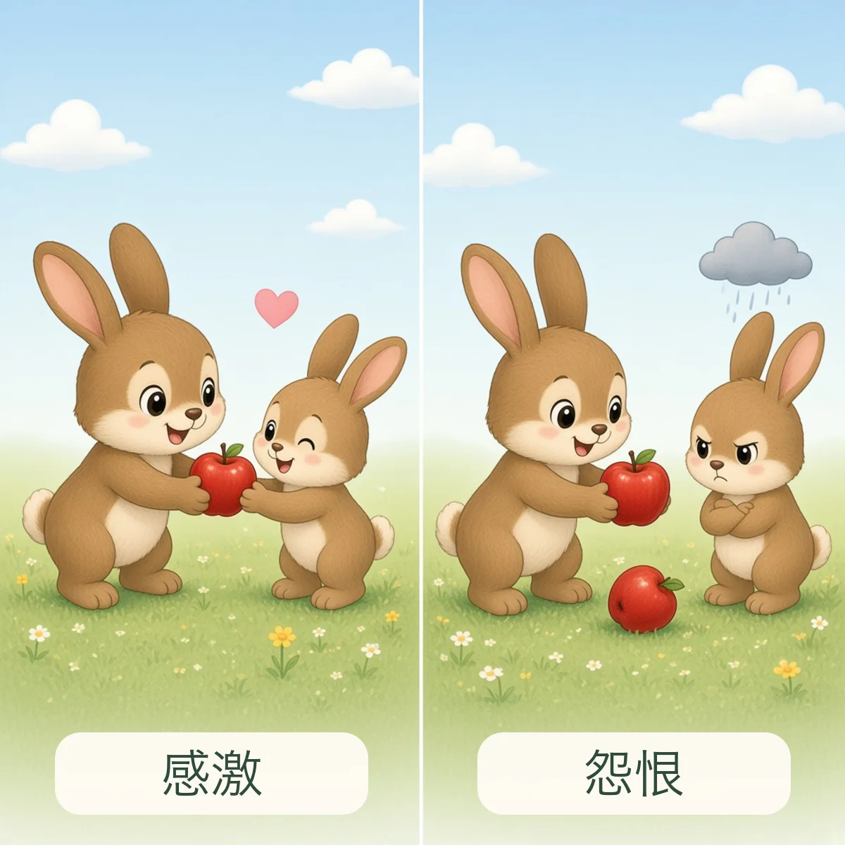 感激 grateful，怨恨 resentful