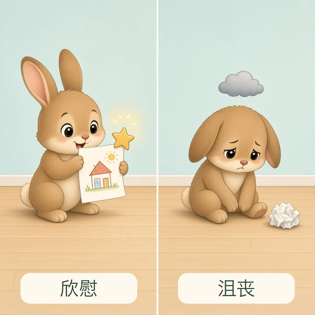 欣慰与沮丧反义词图解 - Gratified and Dejected Chinese Antonym illustration