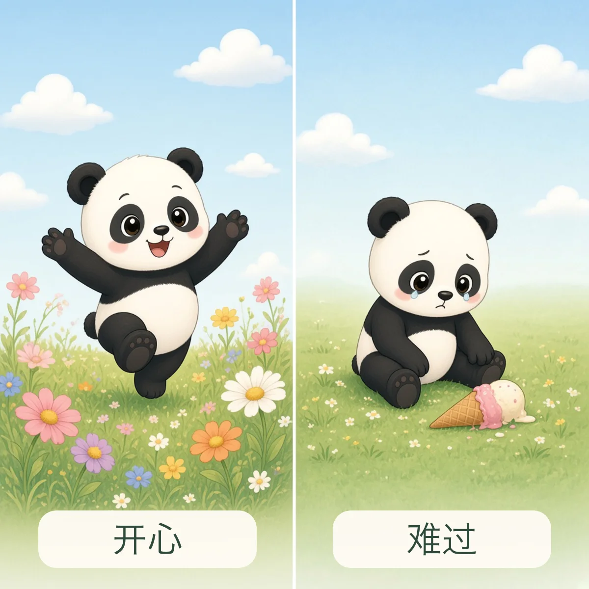 开心 happy，难过 sad