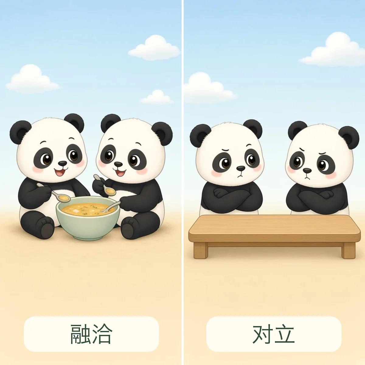融洽 harmonious，对立 antagonistic