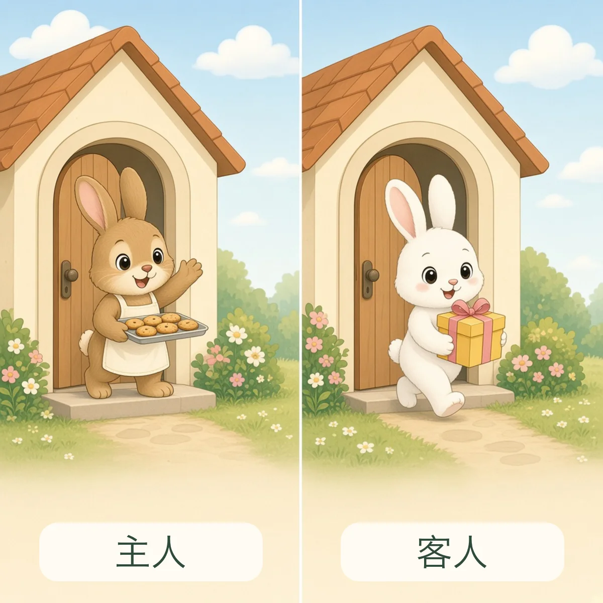 主人与客人反义词图解 - Host and Guest Chinese Antonym illustration