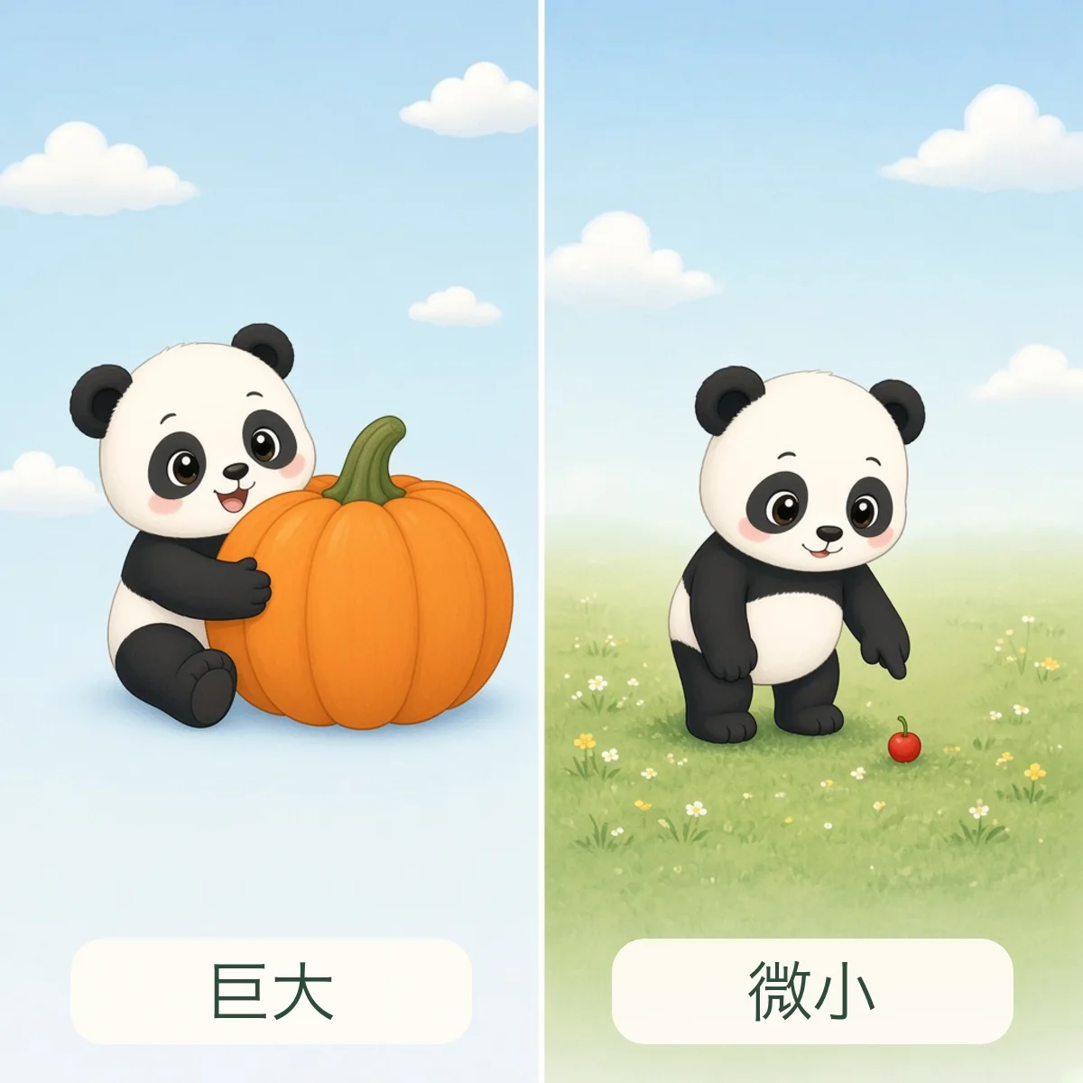 巨大 huge，微小 tiny