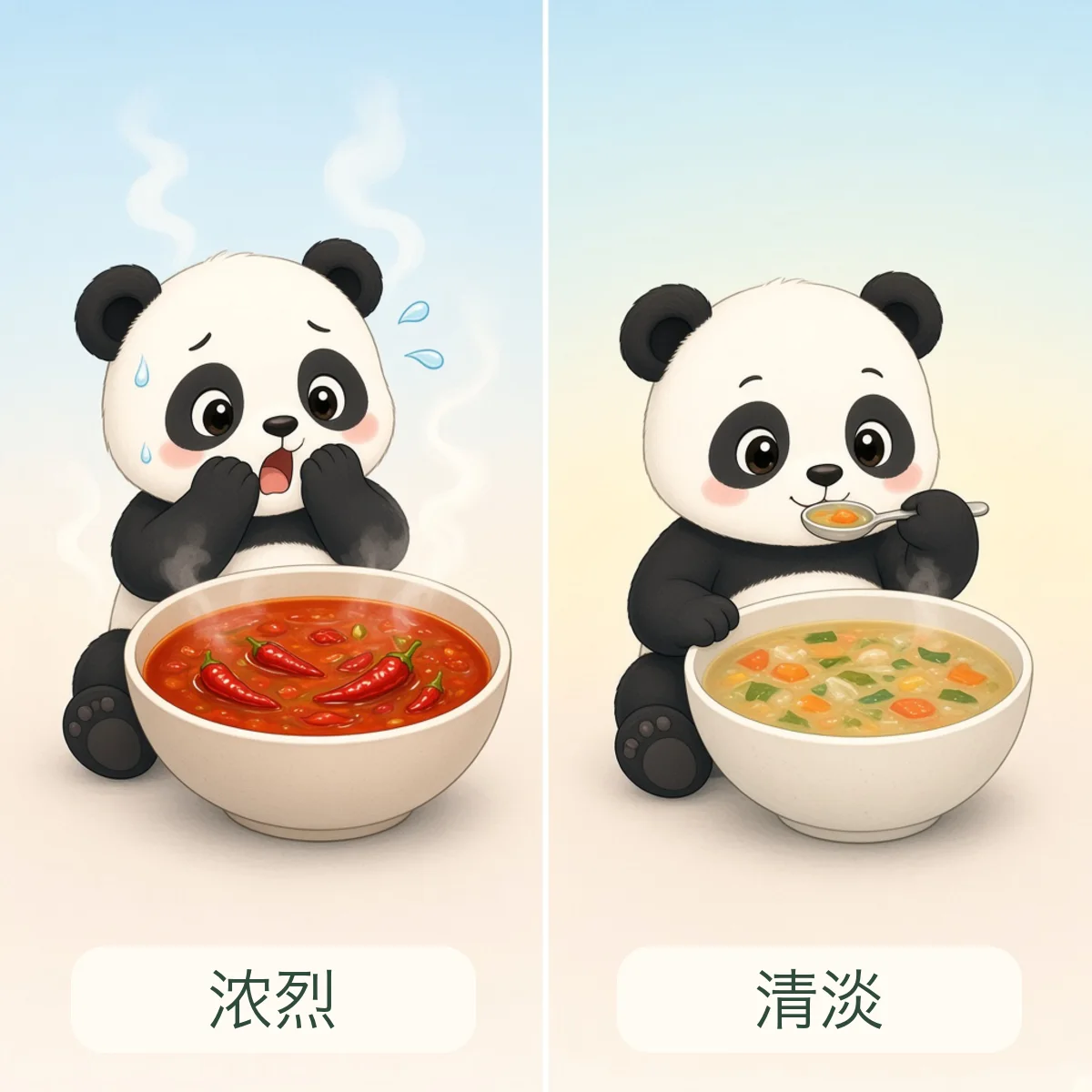 浓烈与清淡反义词图解 - Intense and Mild Chinese Antonym illustration