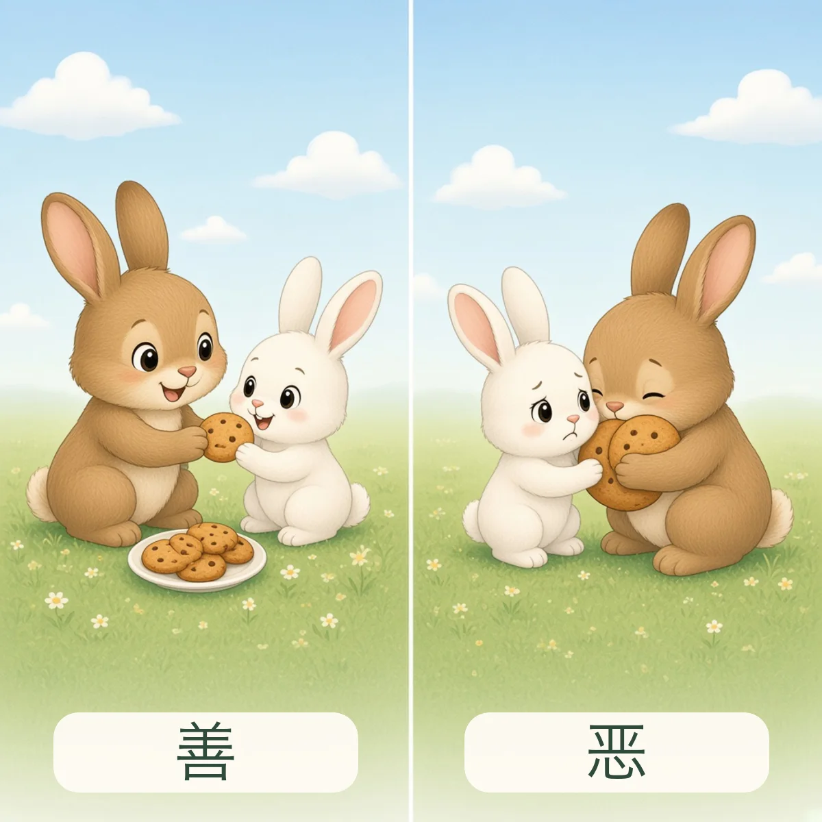 善与恶反义词图解 - Kind and Evil Chinese Antonym illustration