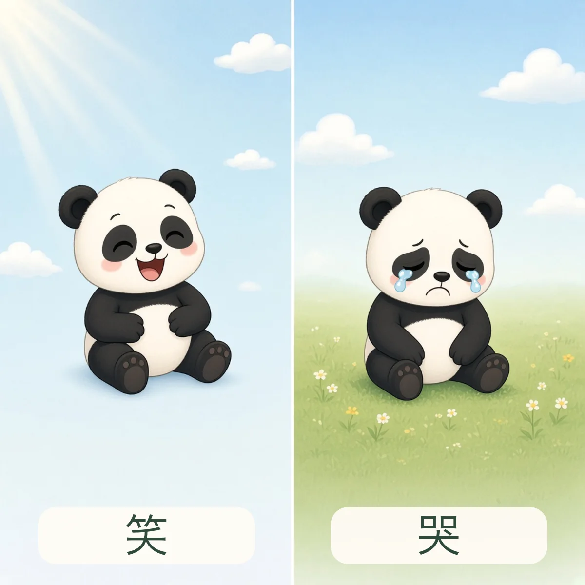 笑与哭反义词图解 - Laugh and Cry Chinese Antonym illustration