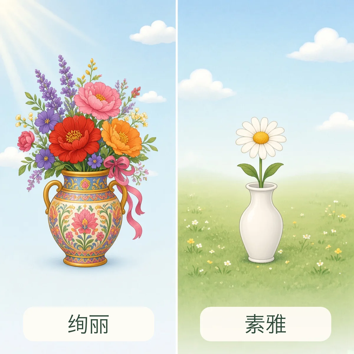 绚丽 magnificent，素雅 plain and elegant