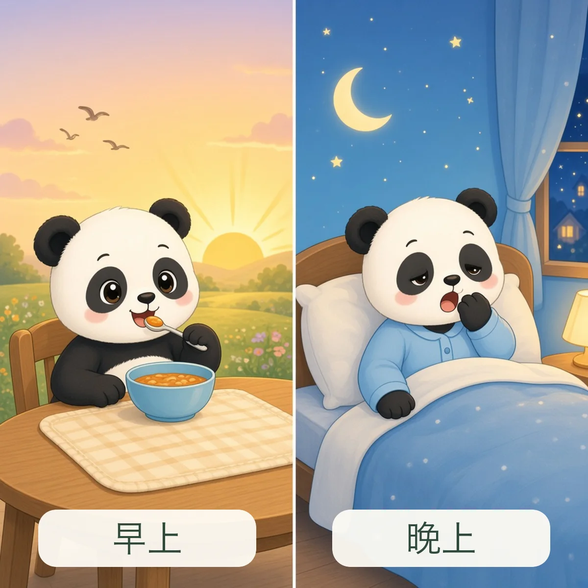 早上 morning，晚上 evening