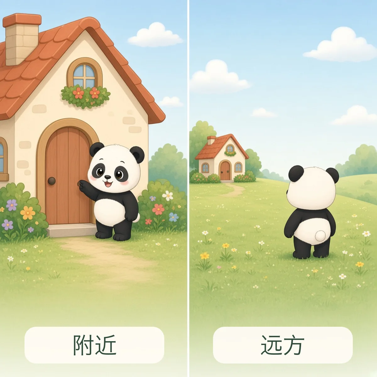 附近 nearby，远方 distant place