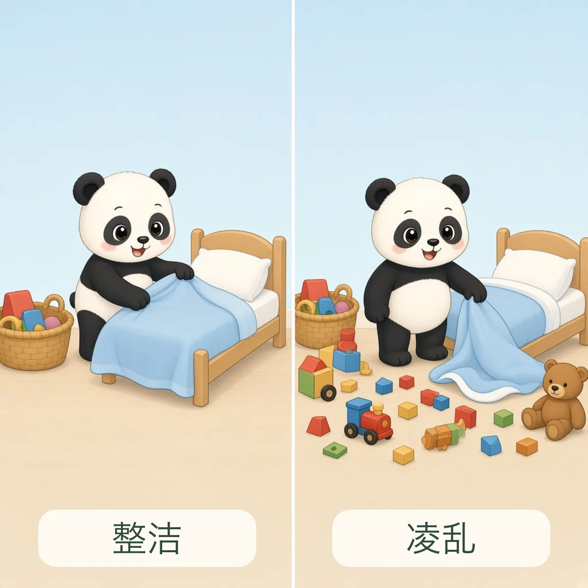 整洁 neat，凌乱 cluttered
