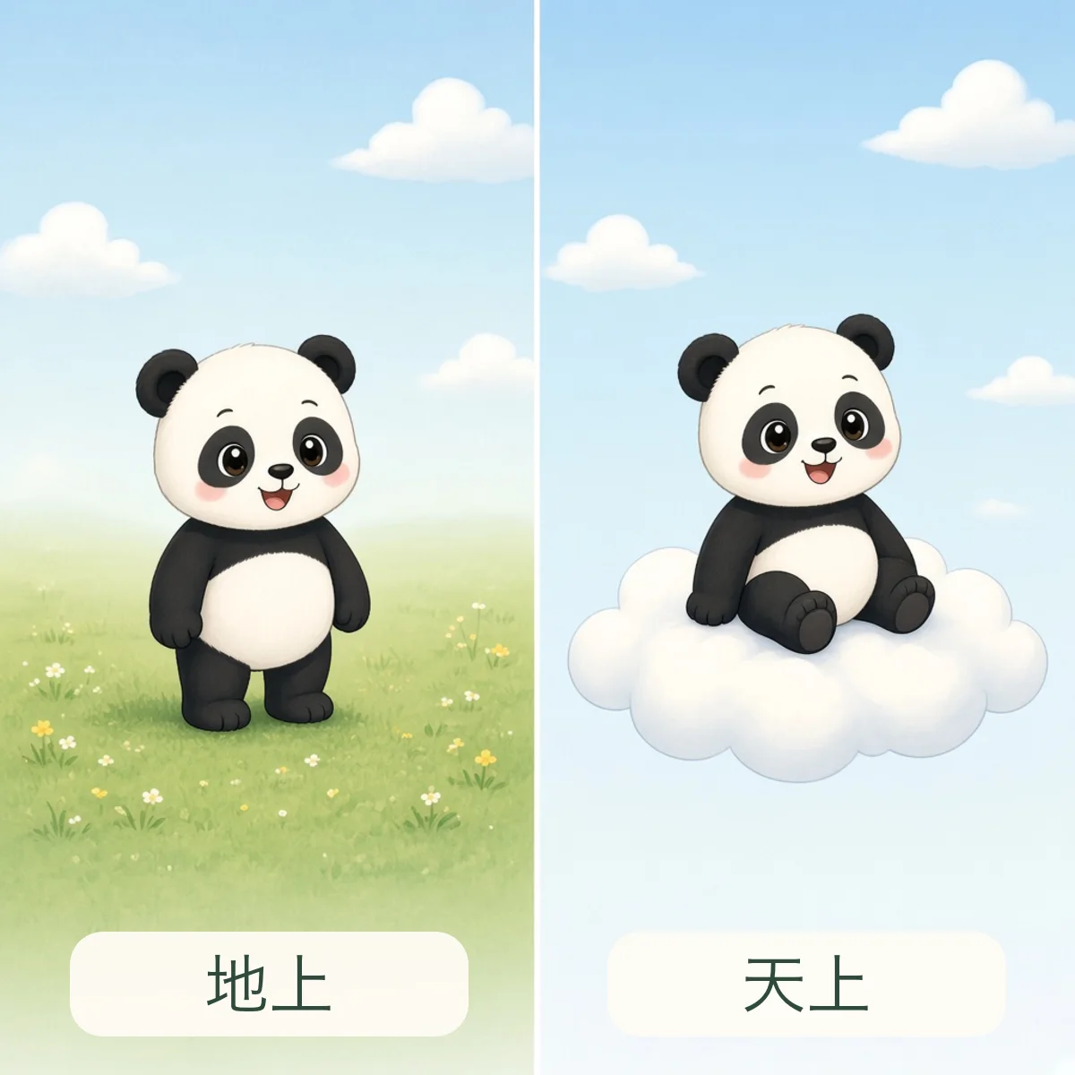 地上 on the ground，天上 in the sky