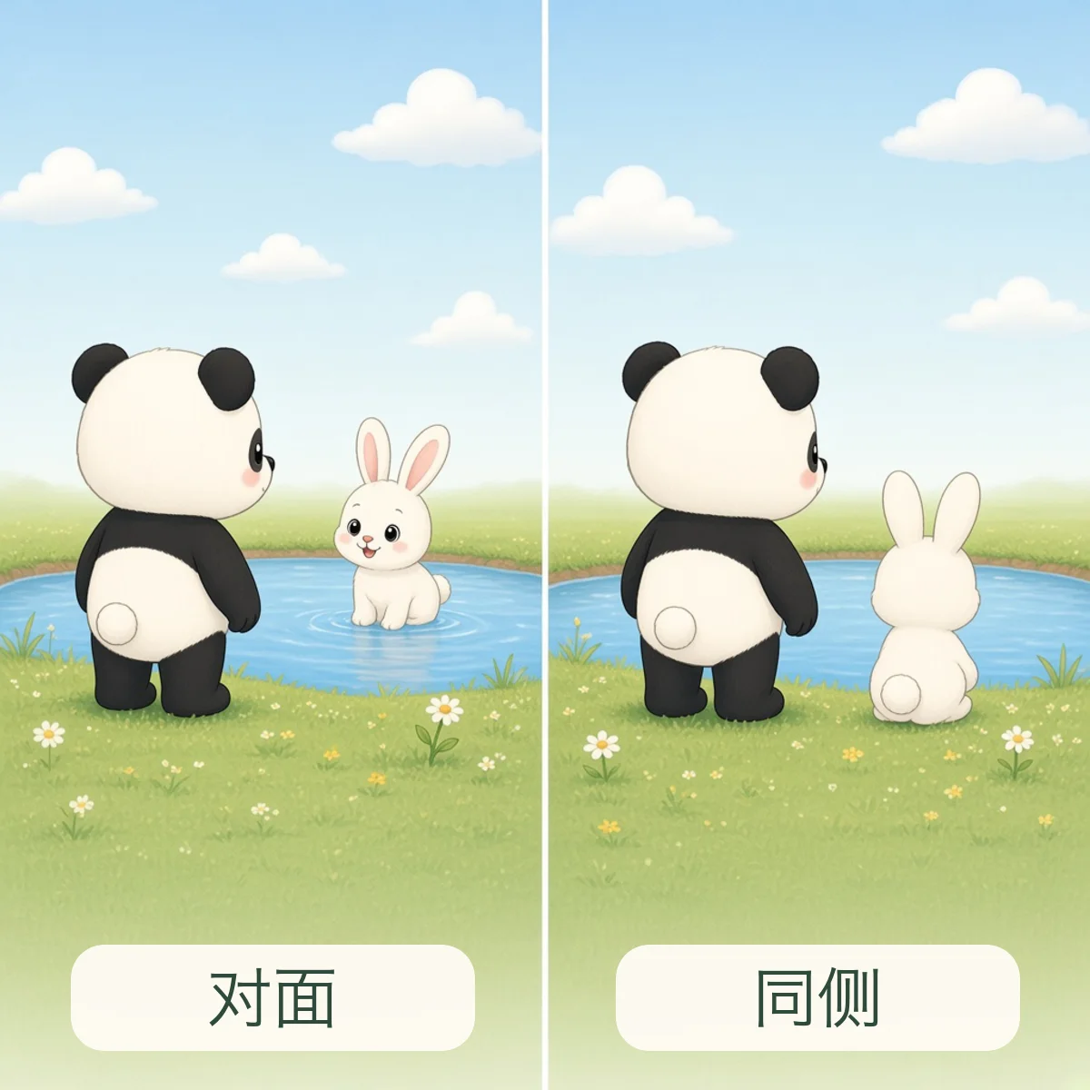 对面 opposite，同侧 same side