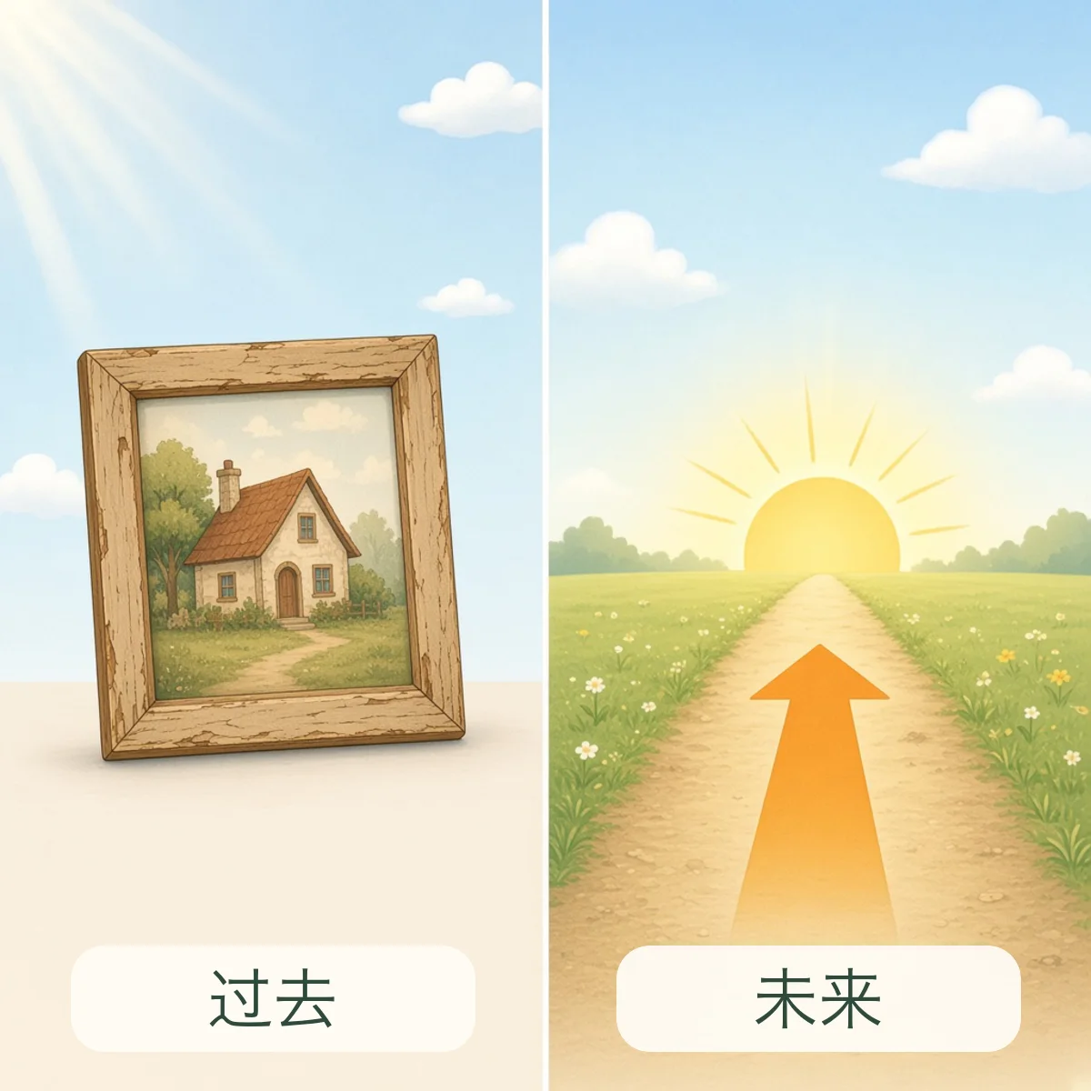 过去与未来反义词图解 - Past and Future Chinese Antonym illustration