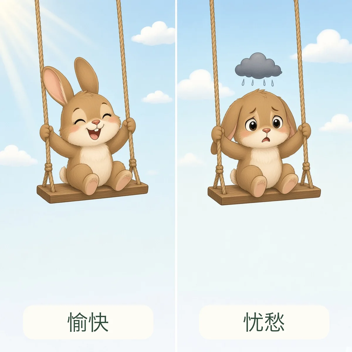 愉快 pleasant，忧愁 worried