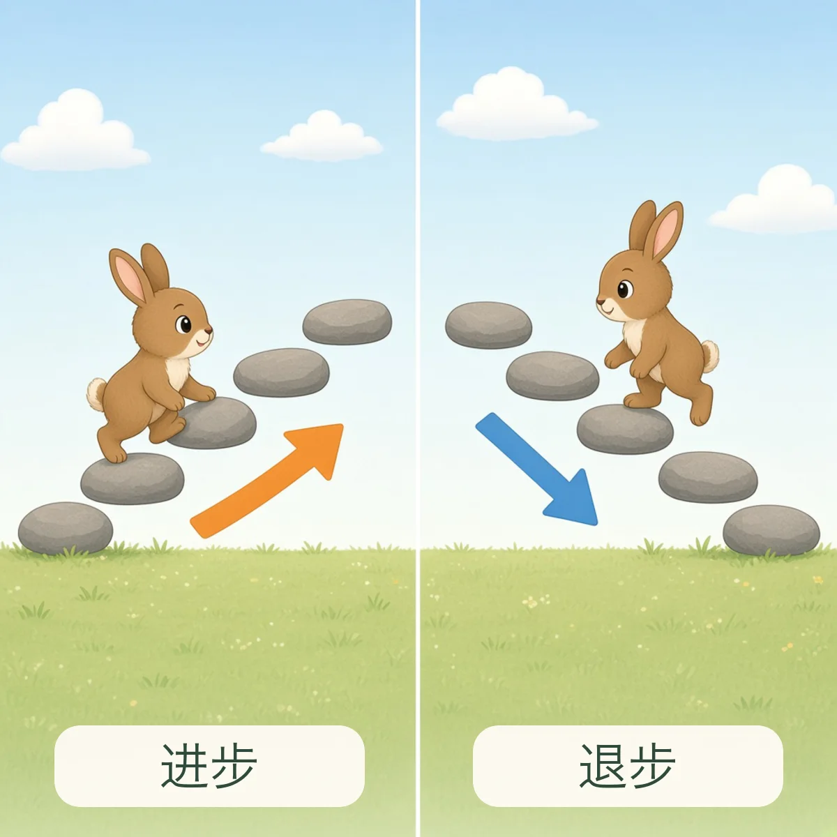 进步 progress，退步 regress