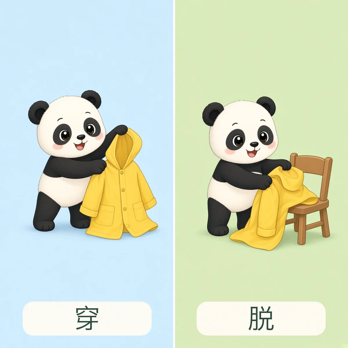 穿 put on，脱 take off