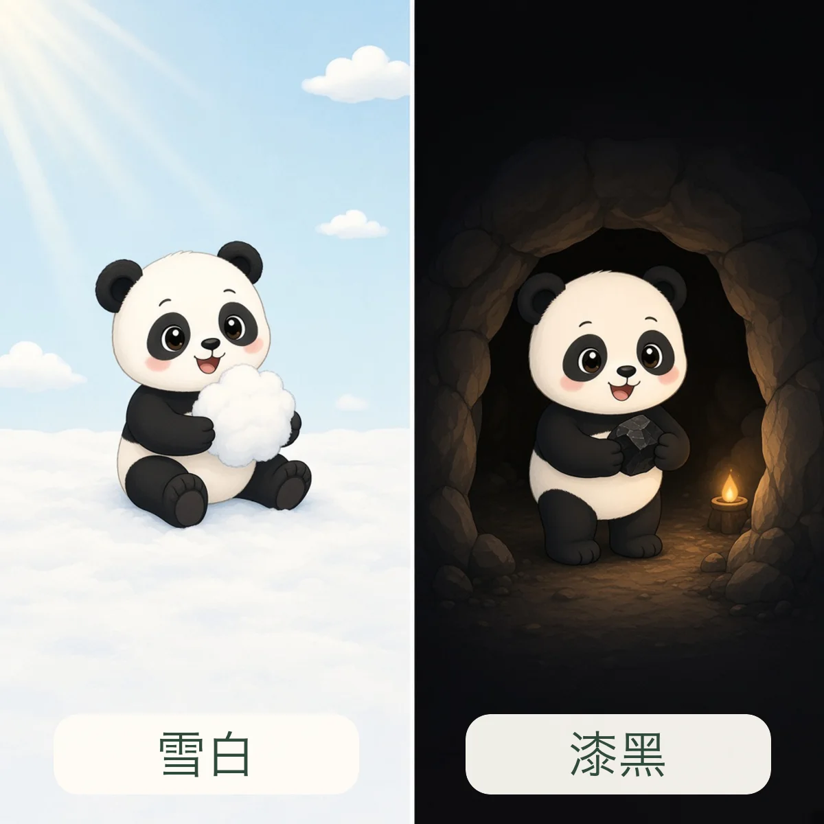 雪白 snow-white，漆黑 pitch-black