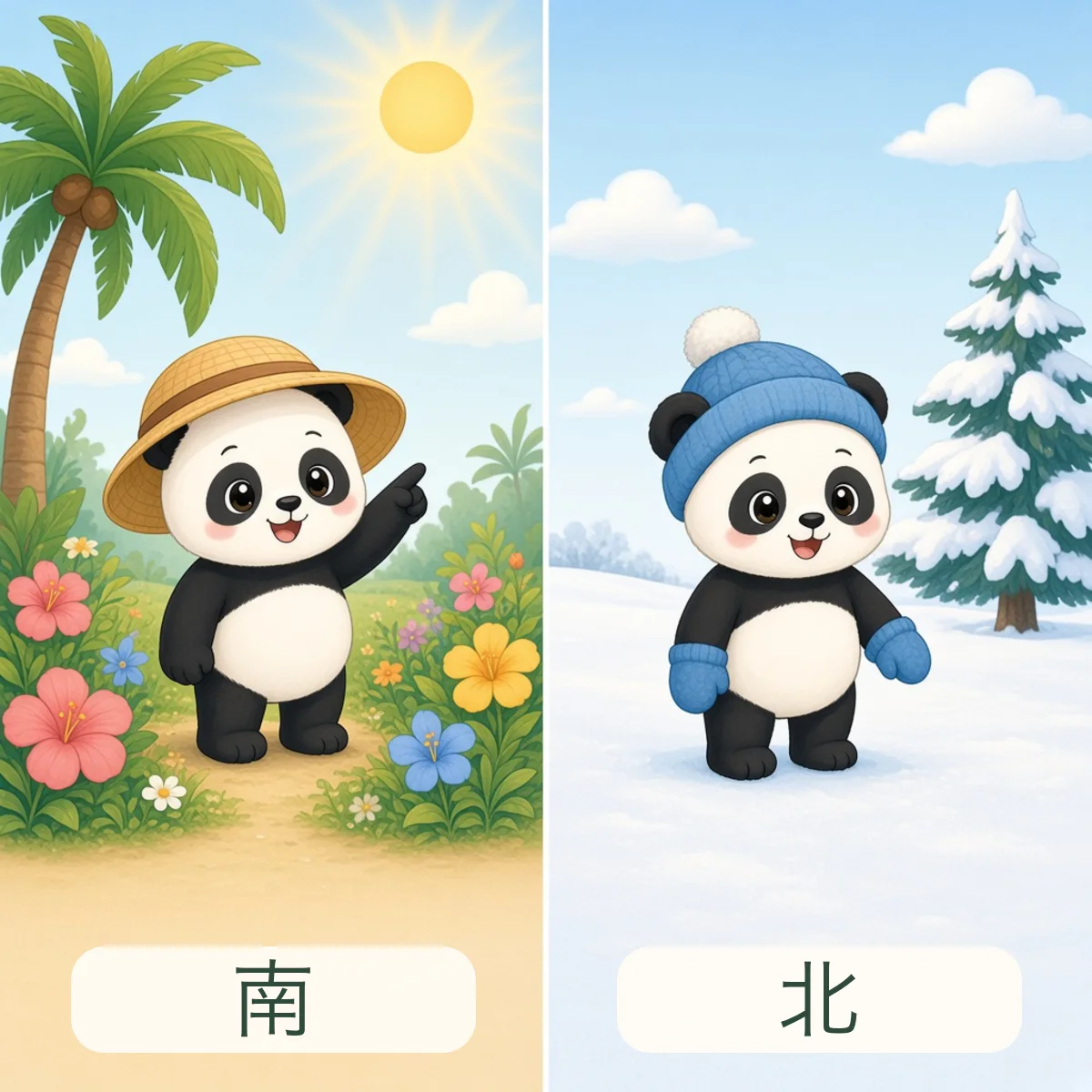 南与北反义词图解 - South and North Chinese Antonym illustration