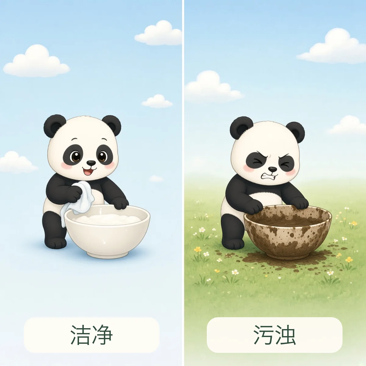 洁净 spotless，污浊 filthy