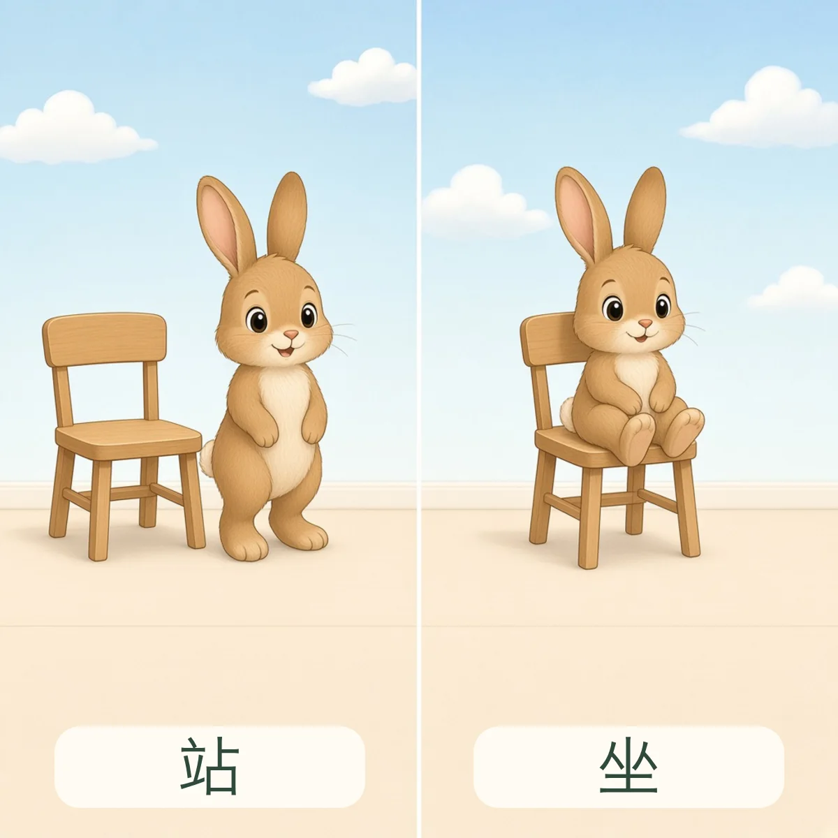 站 stand，坐 sit