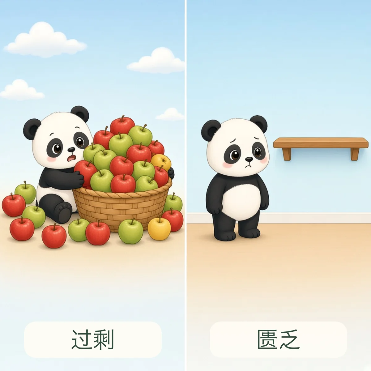 过剩 surplus，匮乏 deficient