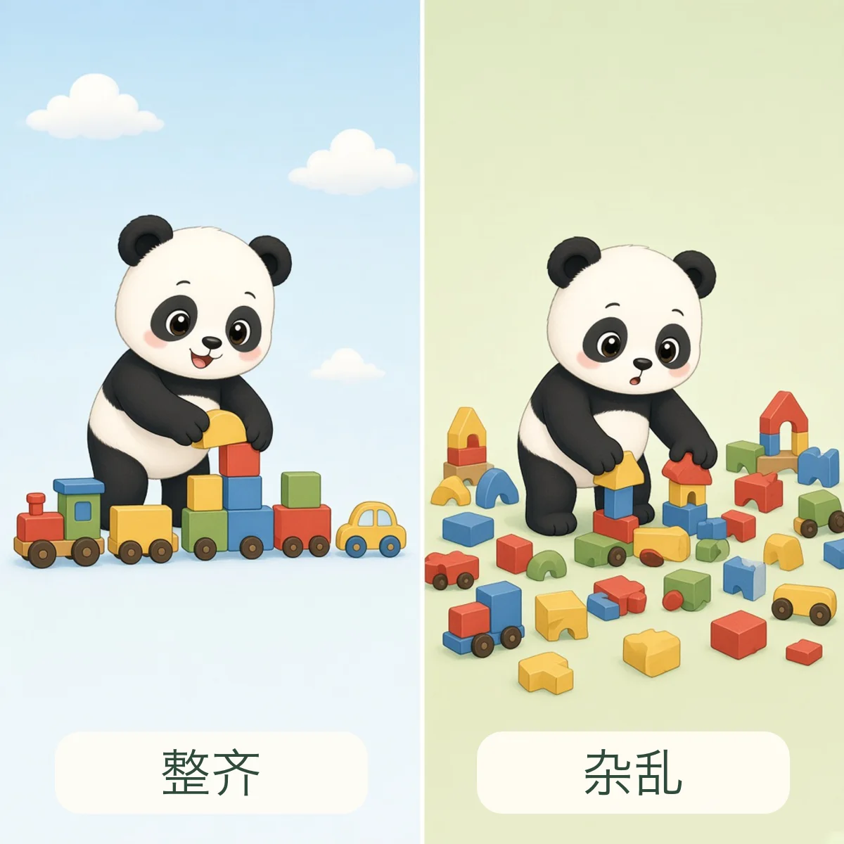 整齐 tidy，杂乱 messy