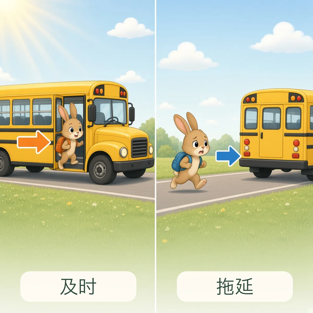 及时 timely，拖延 delay