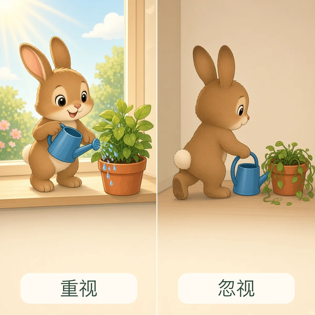 重视与忽视反义词图解 - Value and Neglect Chinese Antonym illustration